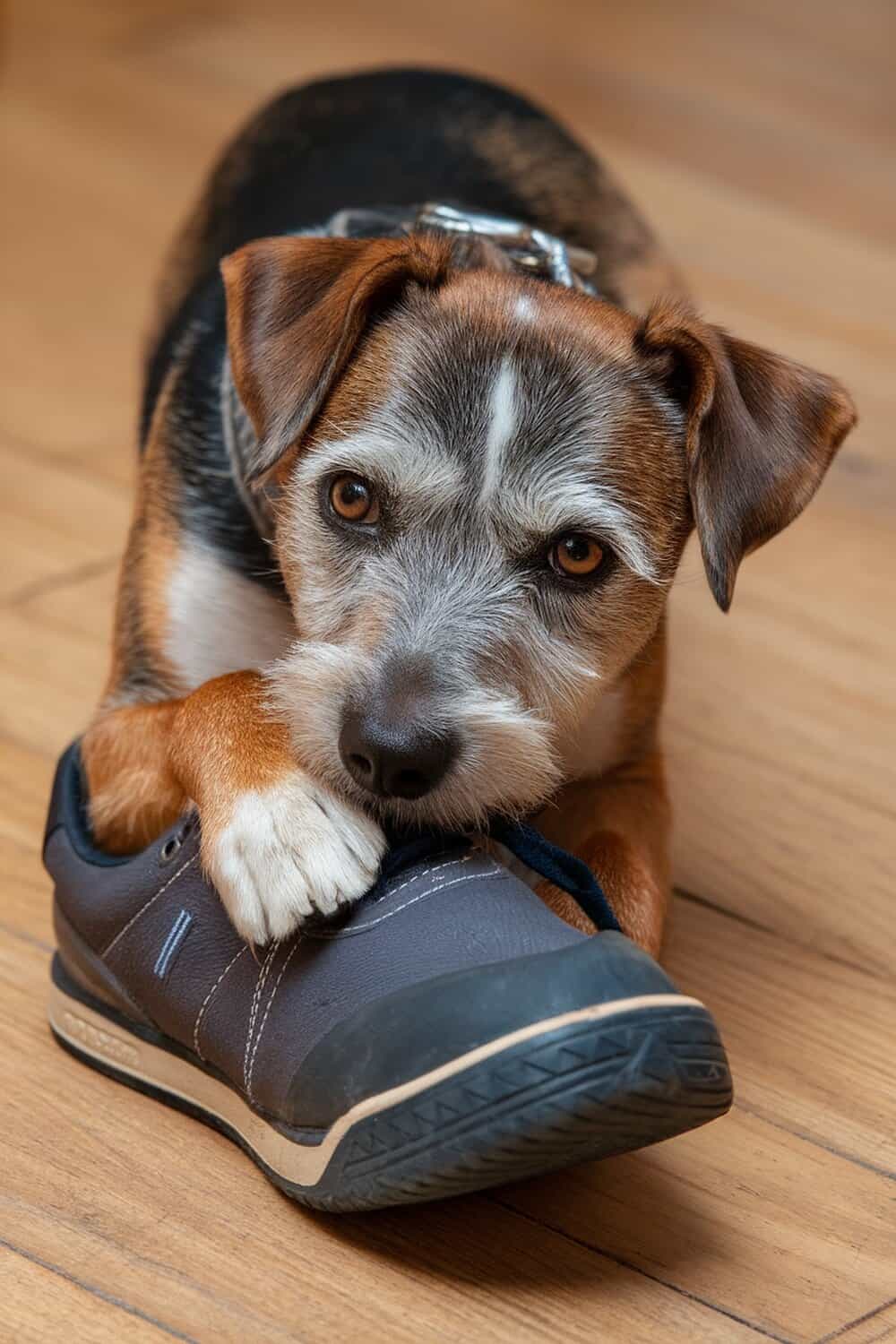 A Border Terrier playfully chewing on a shoe.