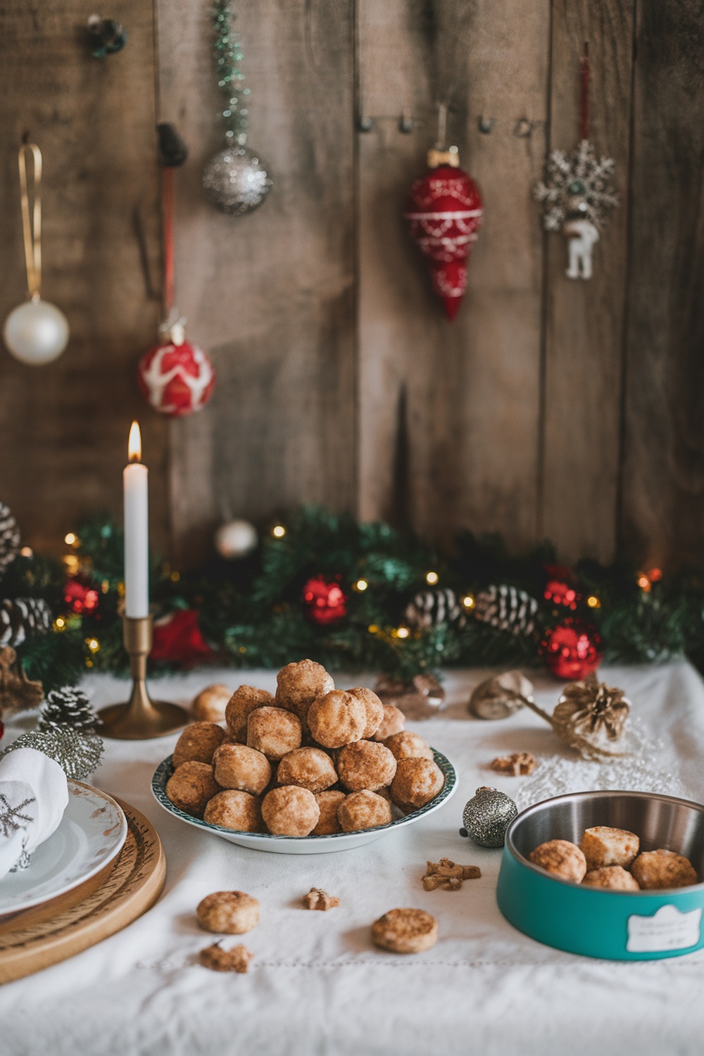 A plate of apple cinnamon dog treats surrounded by holiday decorations.