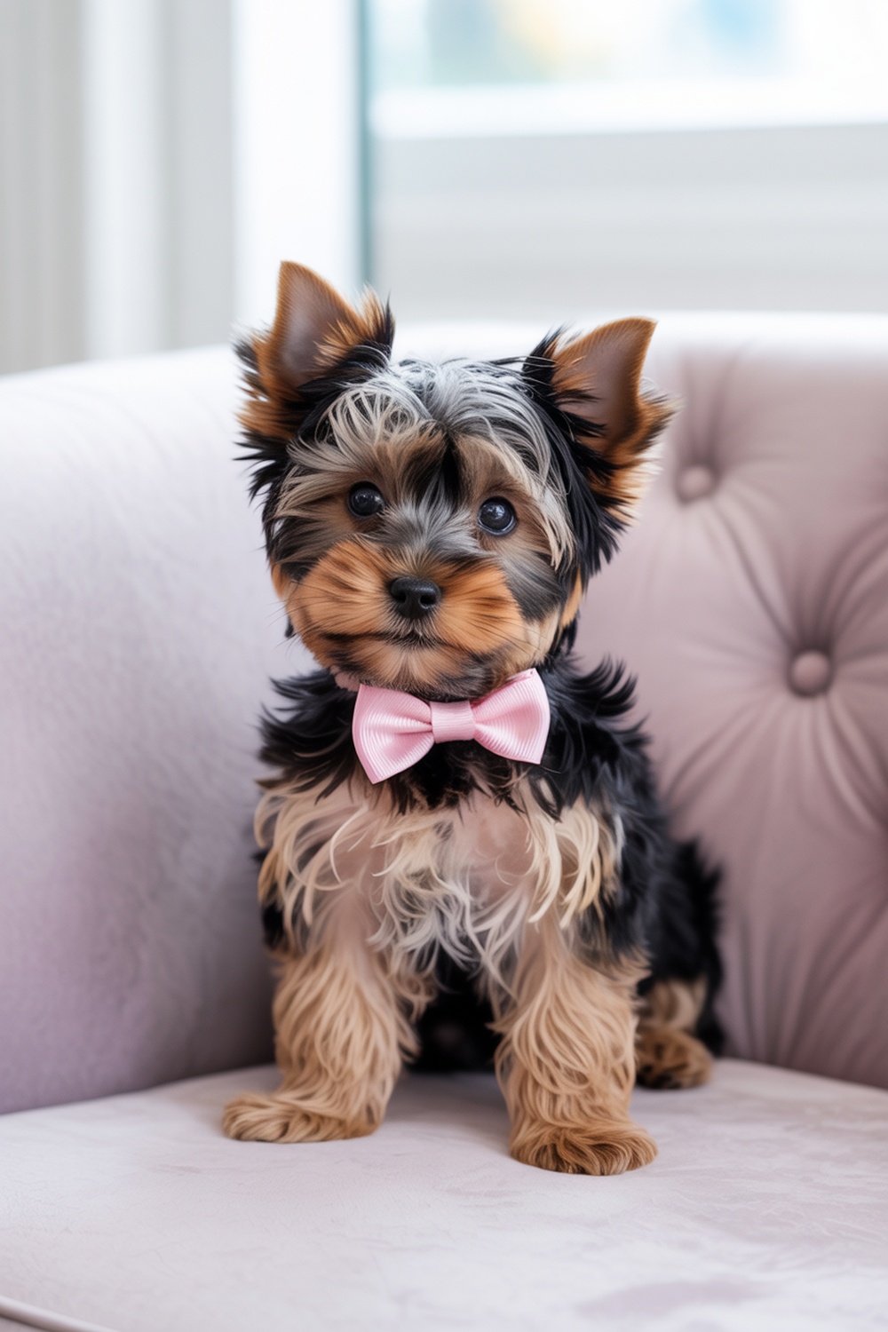 Yorkshire Terrier puppy wearing a pink bowtie, sitting on a soft couch