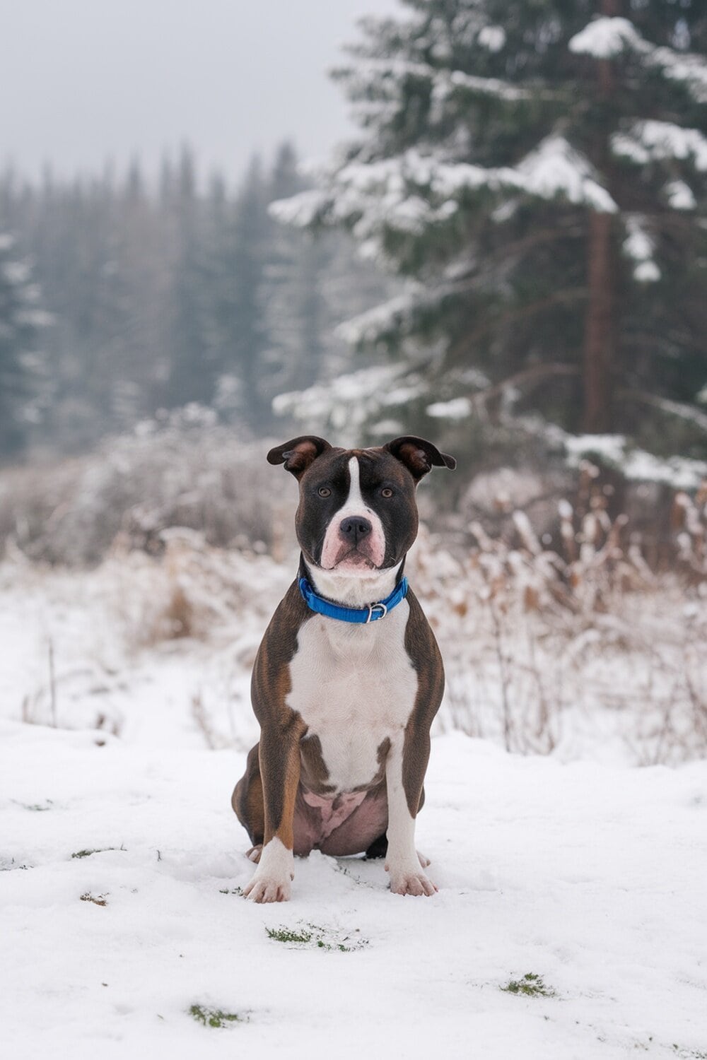 Staffordshire Bull Terrier sitting in the snow with trees in the background.