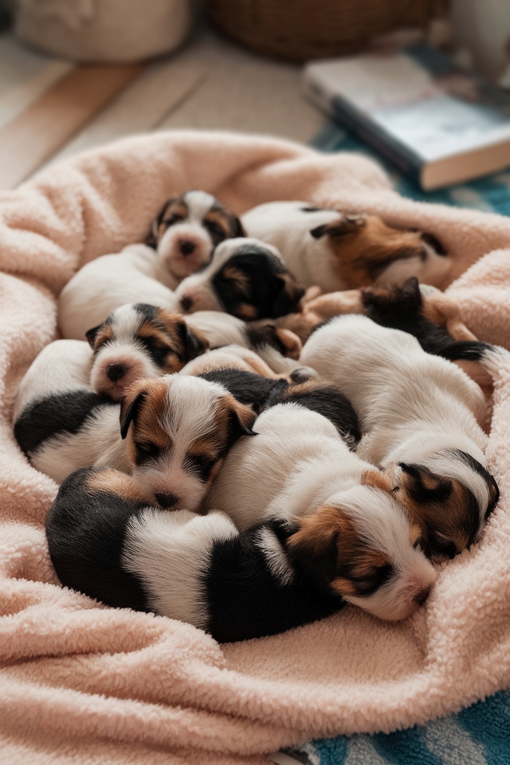 A group of Border Terrier puppies sleeping together in a cozy blanket.