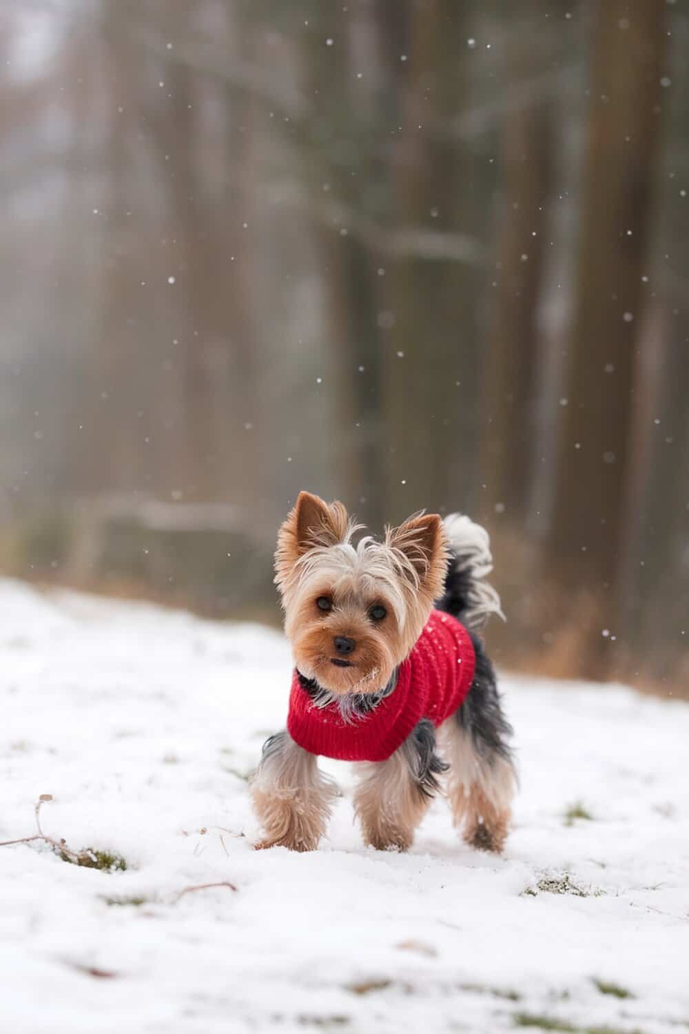 A Yorkie Terrier wearing a red sweater in the snow with snowflakes falling around.