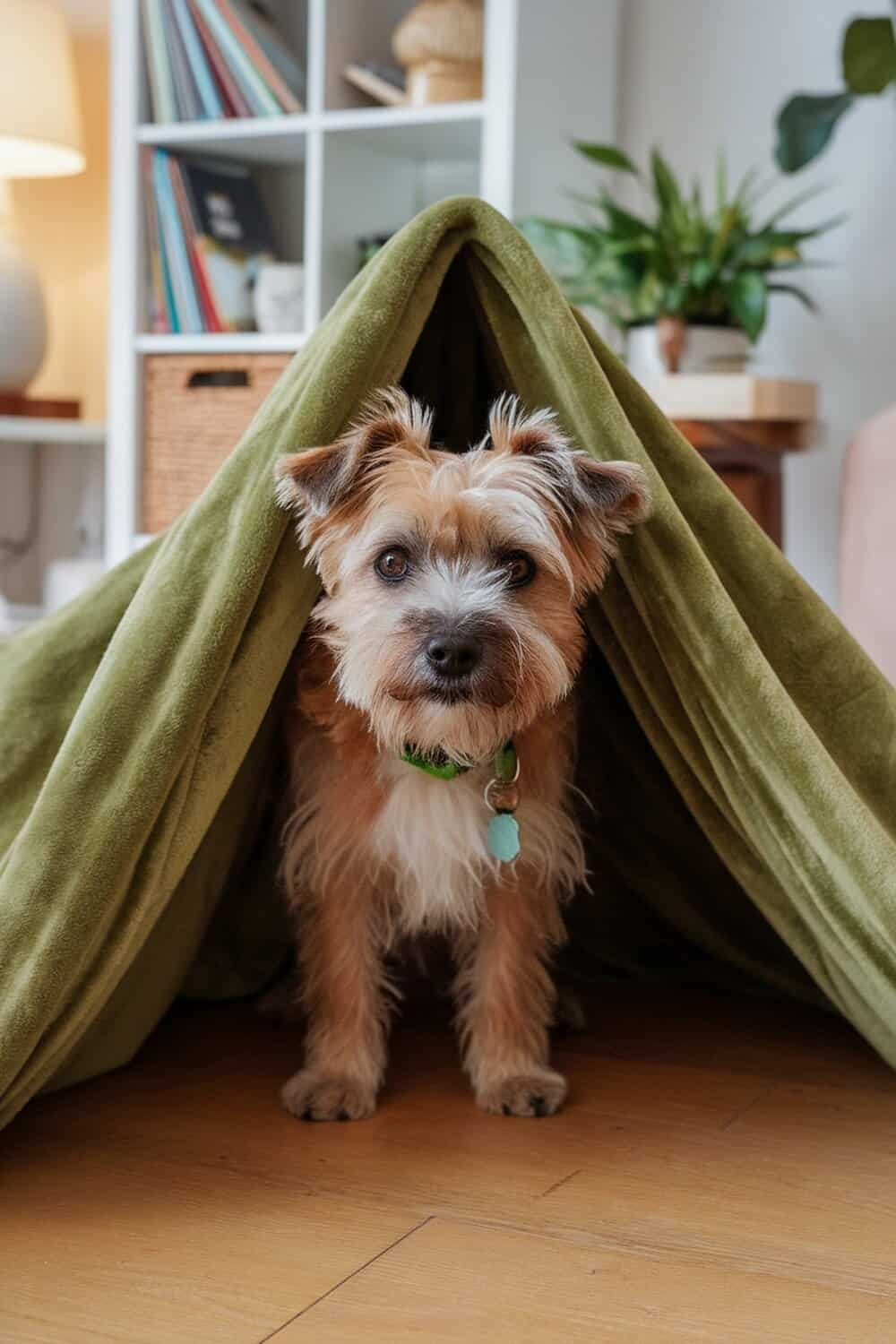 A Border Terrier peeking out from a green blanket fort.