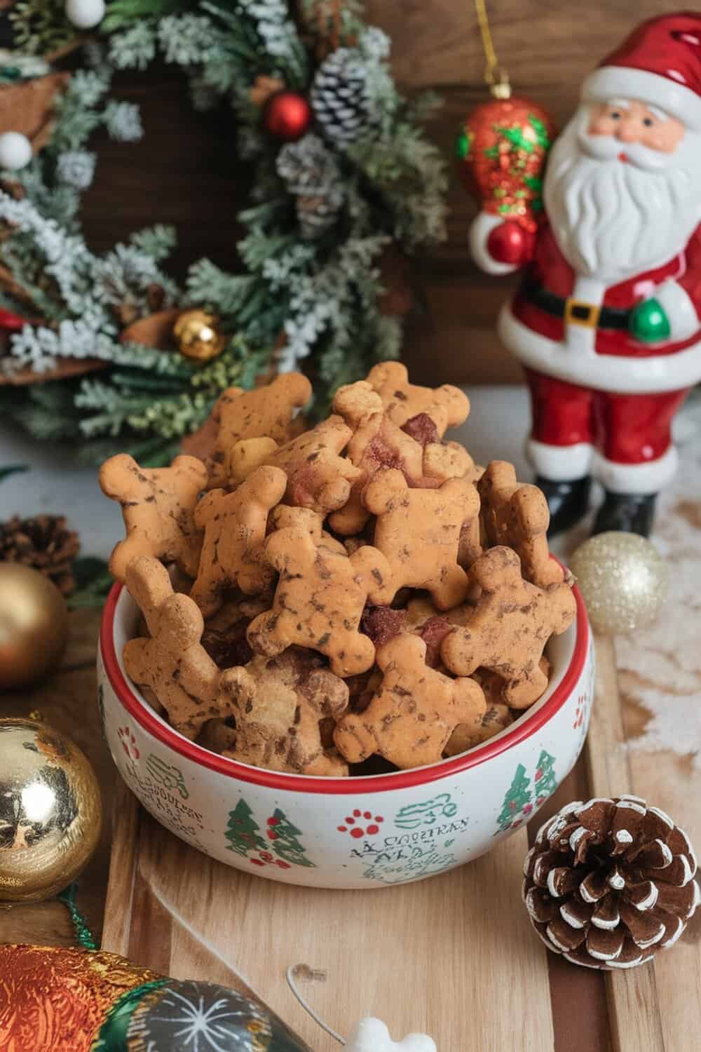 A bowl filled with dog-shaped cookies, resembling cheesy bacon delights, surrounded by Christmas decorations.