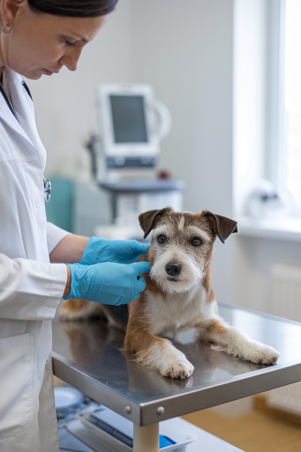 A veterinarian examining a Border Terrier at a clinic.