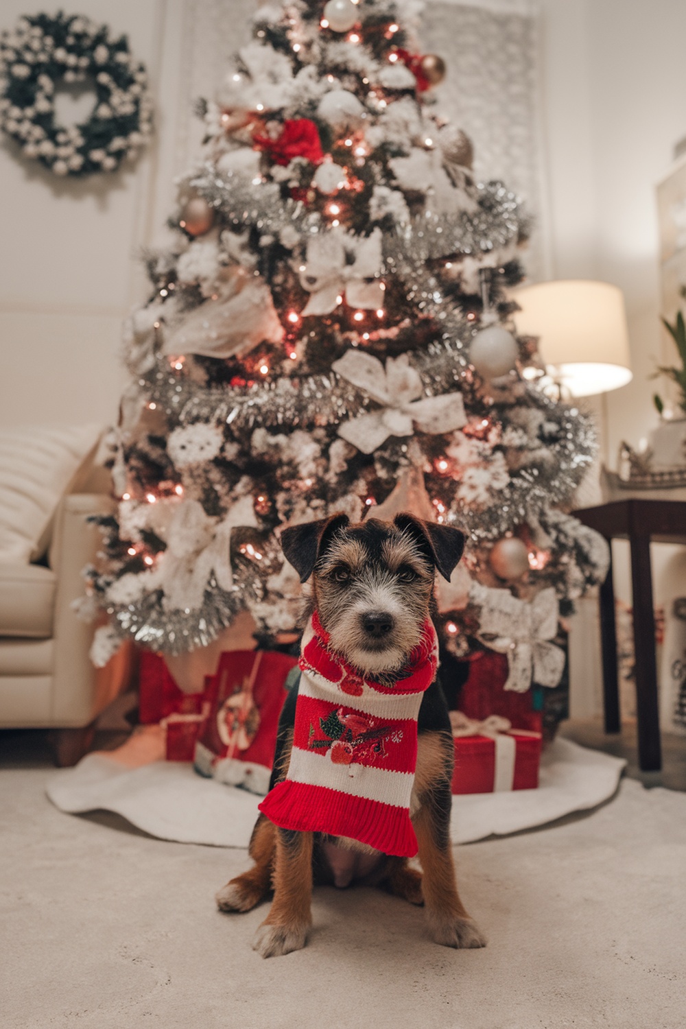 A Border Terrier puppy wearing a festive red and white scarf in front of a decorated Christmas tree.