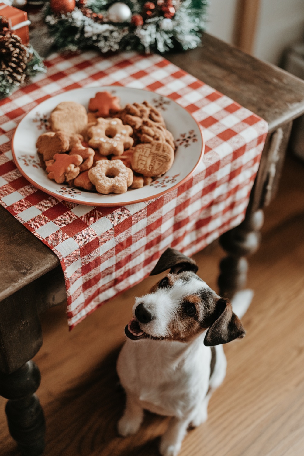 A happy dog looking at a plate of assorted Christmas cookies on a checkered tablecloth.