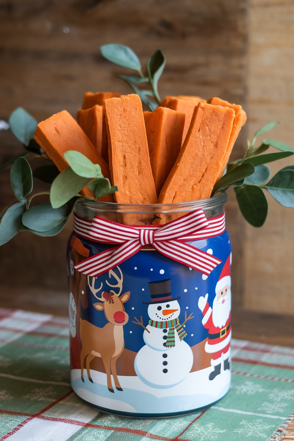 A jar filled with sweet potato chews decorated for Christmas.