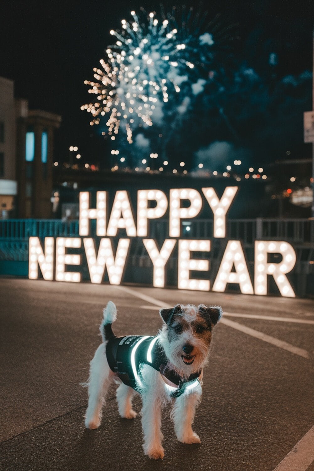 A terrier dog wearing a reflective safety vest with fireworks in the background and a 'Happy New Year' sign.
