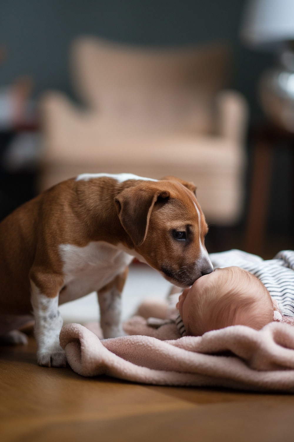 A Border Terrier puppy giving gentle kisses to a baby.