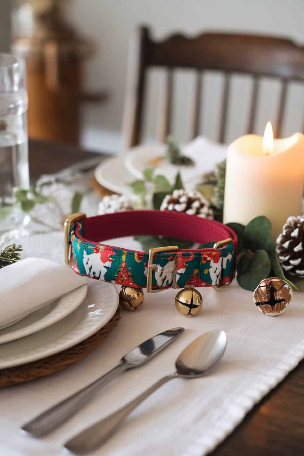 A colorful holiday-themed dog collar with festive designs and jingle bells.