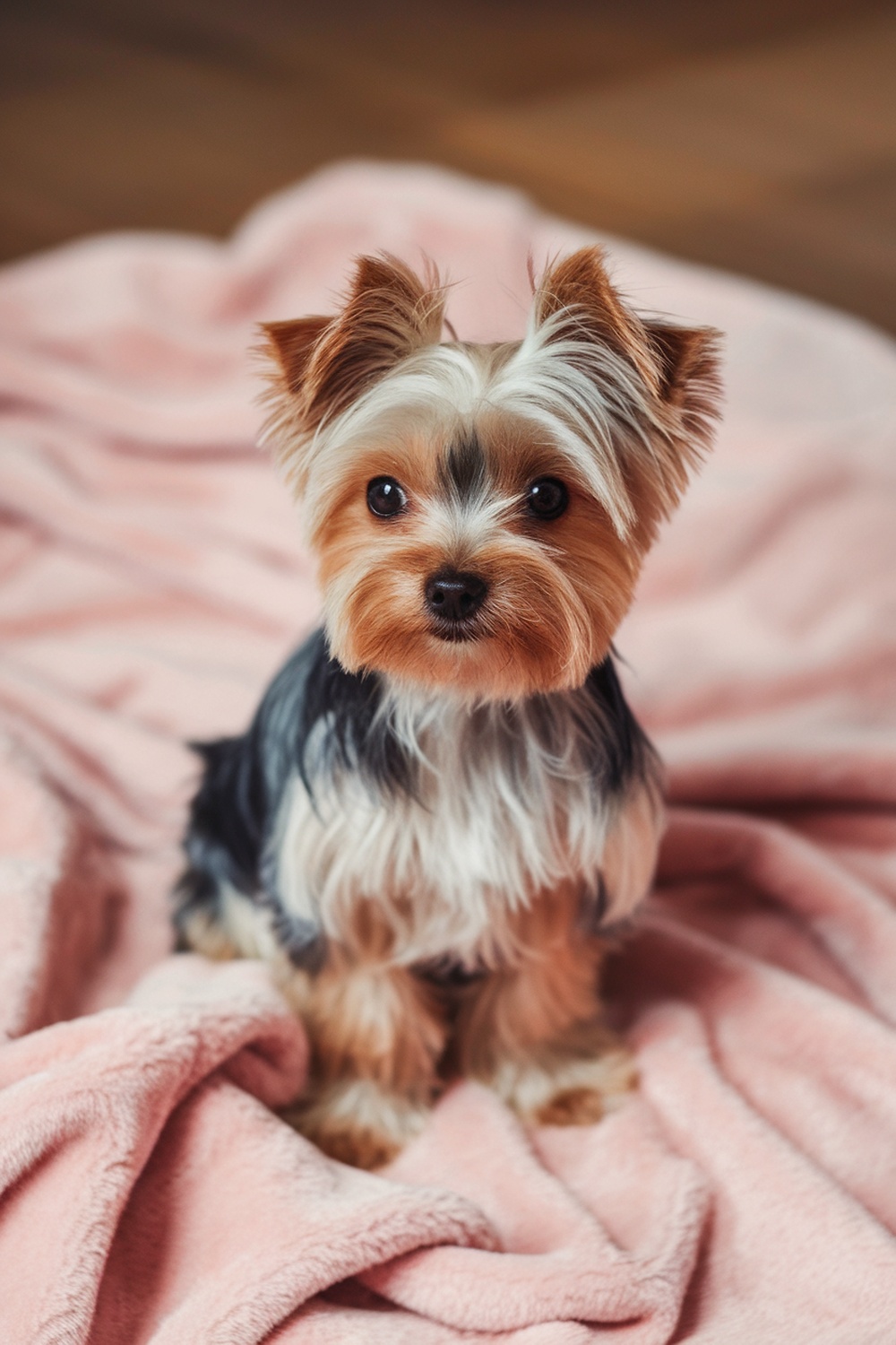 A teacup Yorkie with a classic puppy cut sitting on a pink blanket.