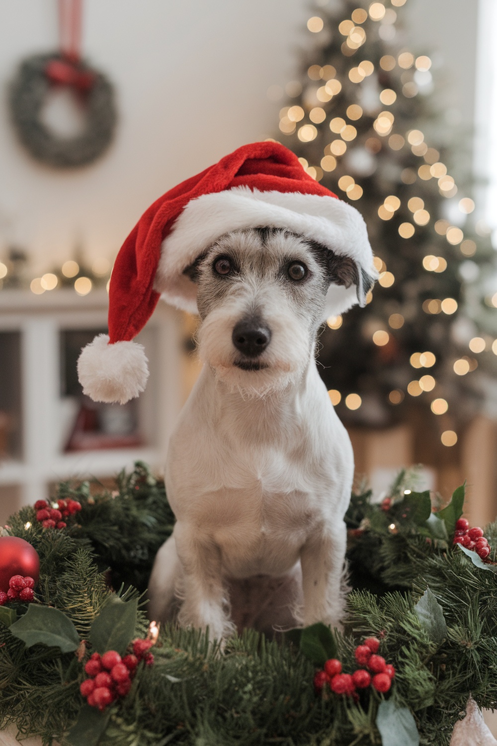 A terrier dog wearing a Christmas hat, sitting in a wreath, with a decorated Christmas tree in the background.