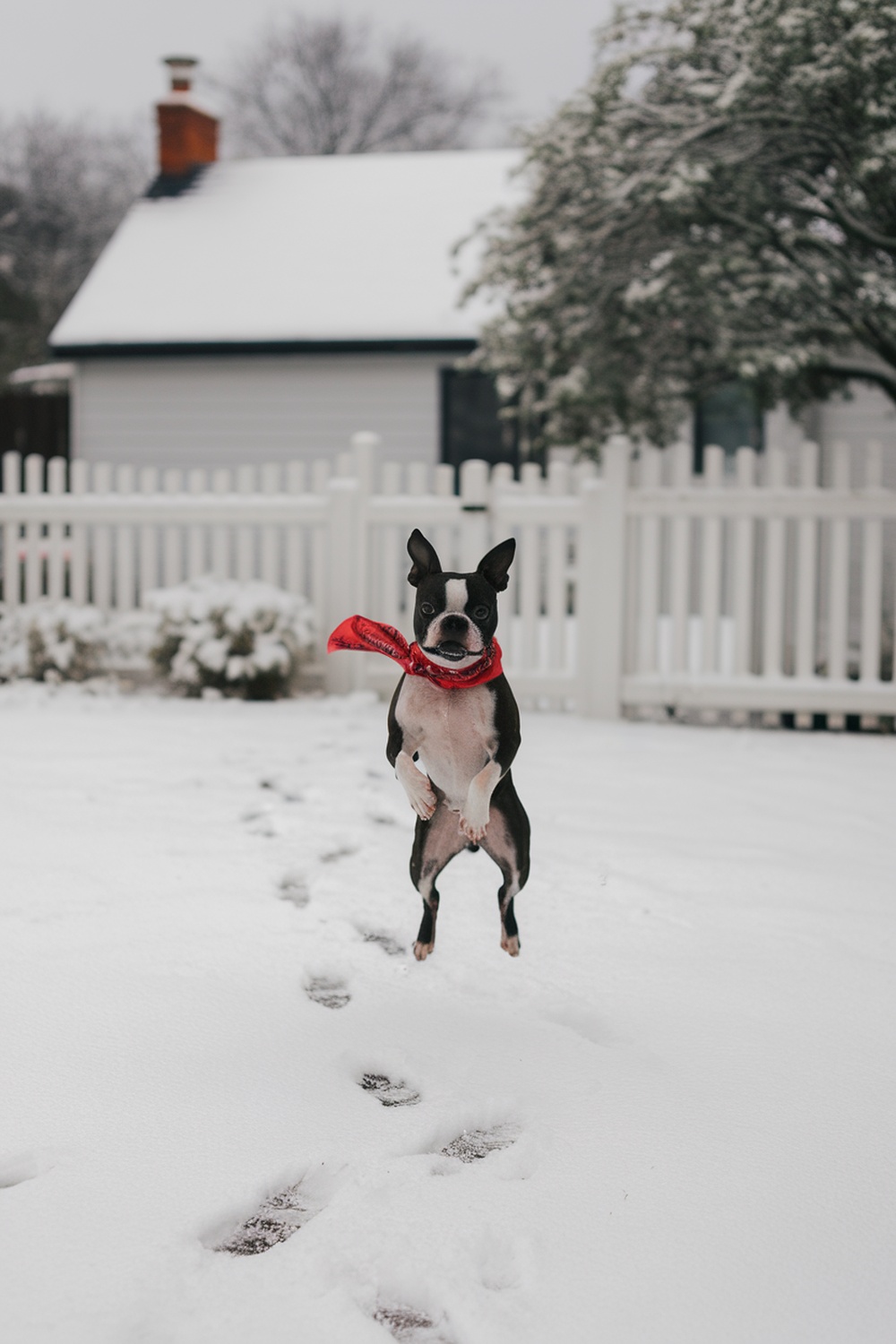A Boston Terrier jumping in the snow wearing a red scarf.