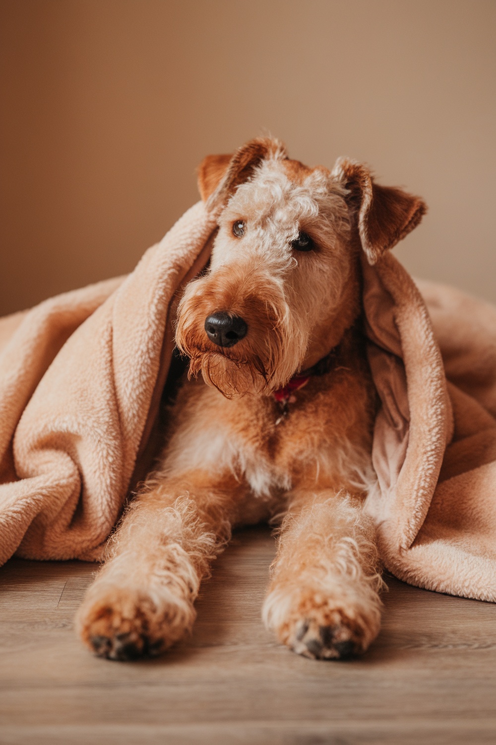 Airedale Terrier wrapped in a soft blanket, looking cozy and content.