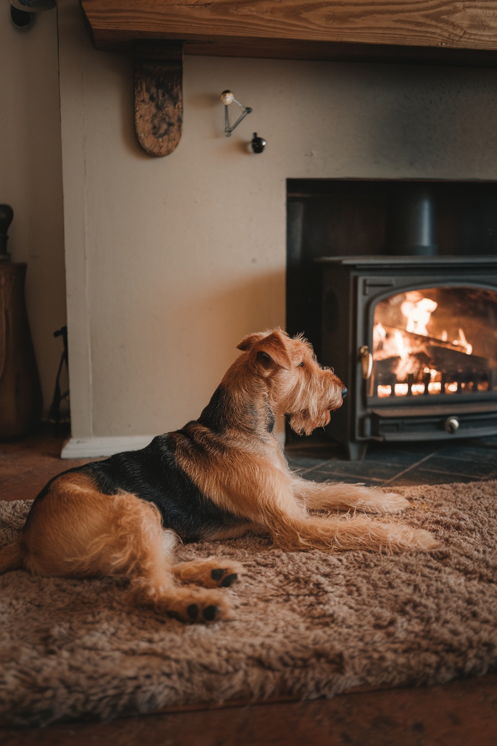 Airedale Terrier lying on a rug near a fireplace.