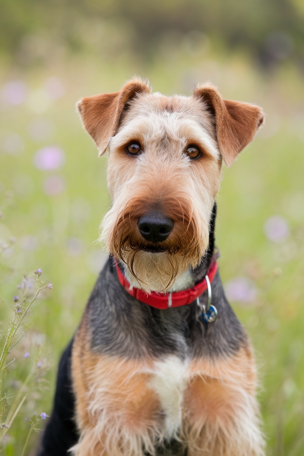 Airedale Terrier sitting in a field with flowers, showcasing its features.