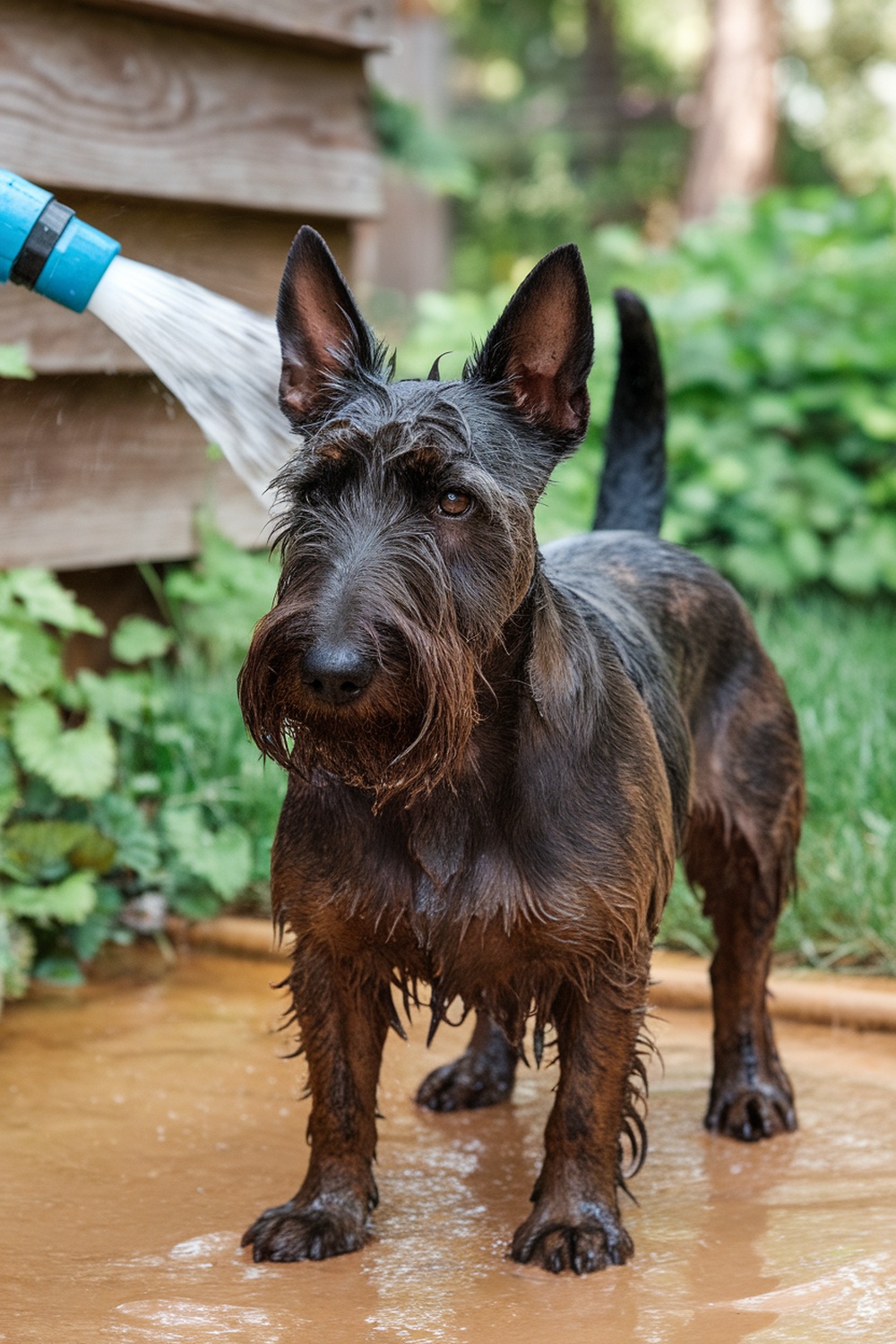 A Scottish Terrier getting rinsed off with a hose after outdoor play.