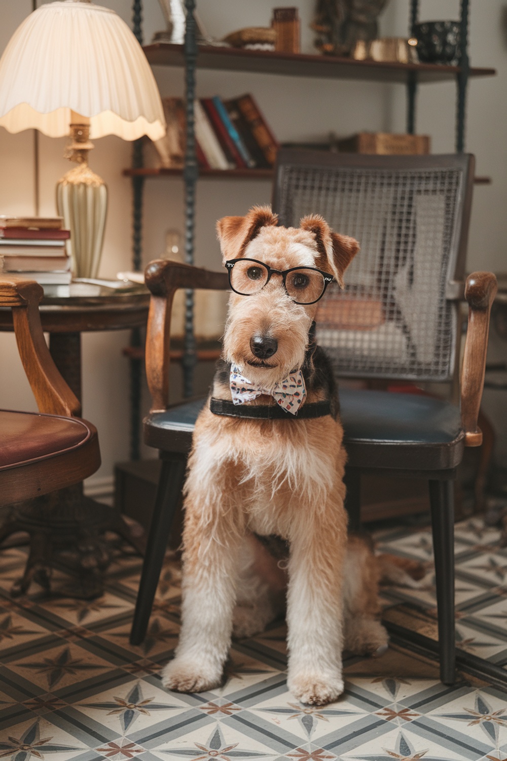 Airedale Terrier wearing glasses and a bow tie, sitting in a vintage-style room