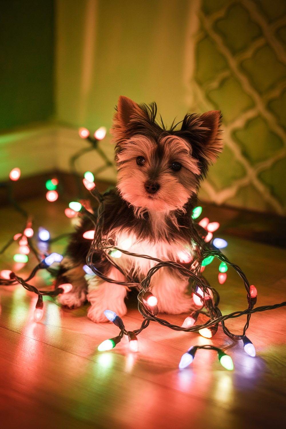 A Yorkie Terrier wrapped in colorful Christmas lights, sitting on a wooden floor.