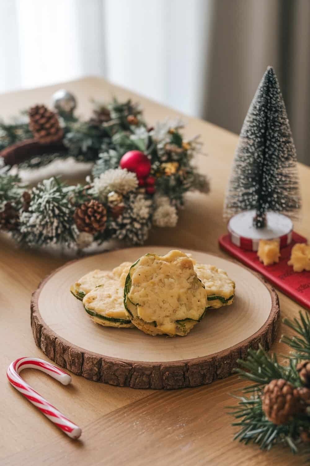 Zucchini and cheese biscuits on a wooden plate with a festive wreath in the background.