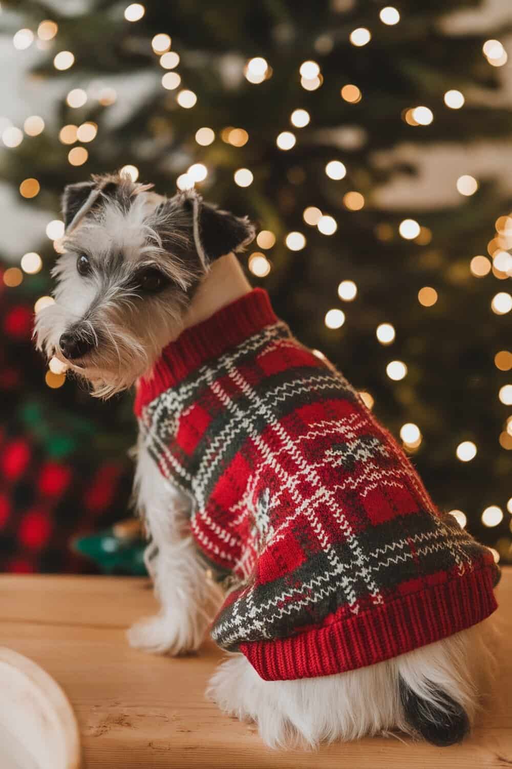 A terrier wearing a festive red and green Christmas sweater, sitting in front of a decorated tree.