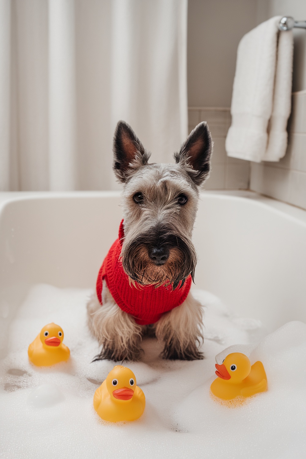 A Scottish Terrier in a bathtub with rubber ducks, looking clean and cozy.