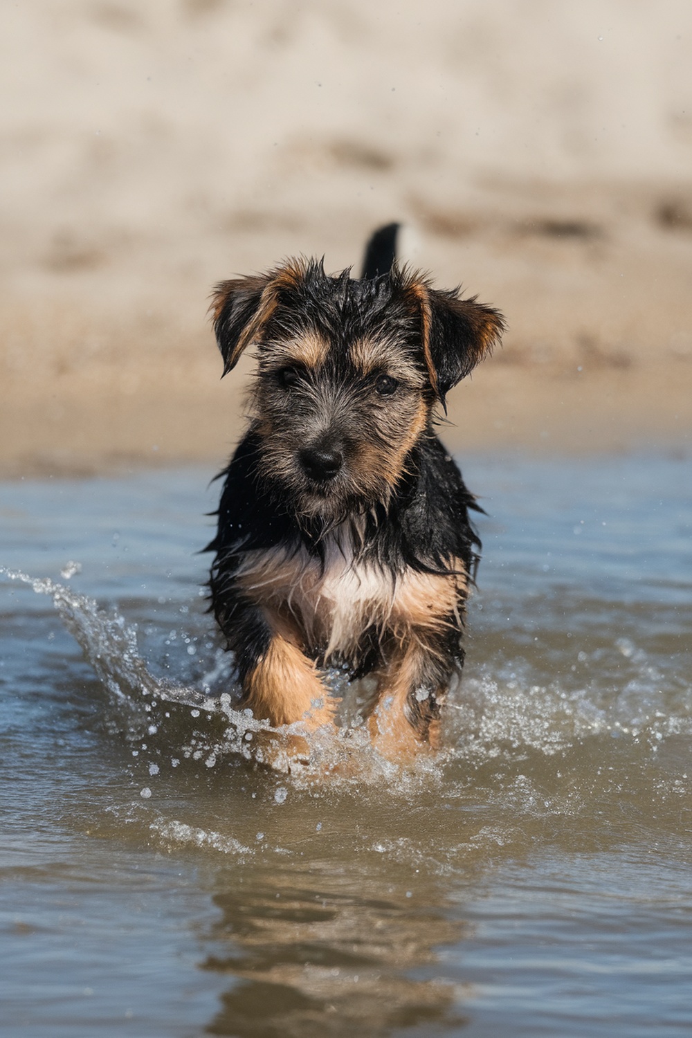 A Border Terrier puppy splashing in shallow water, looking playful and wet.