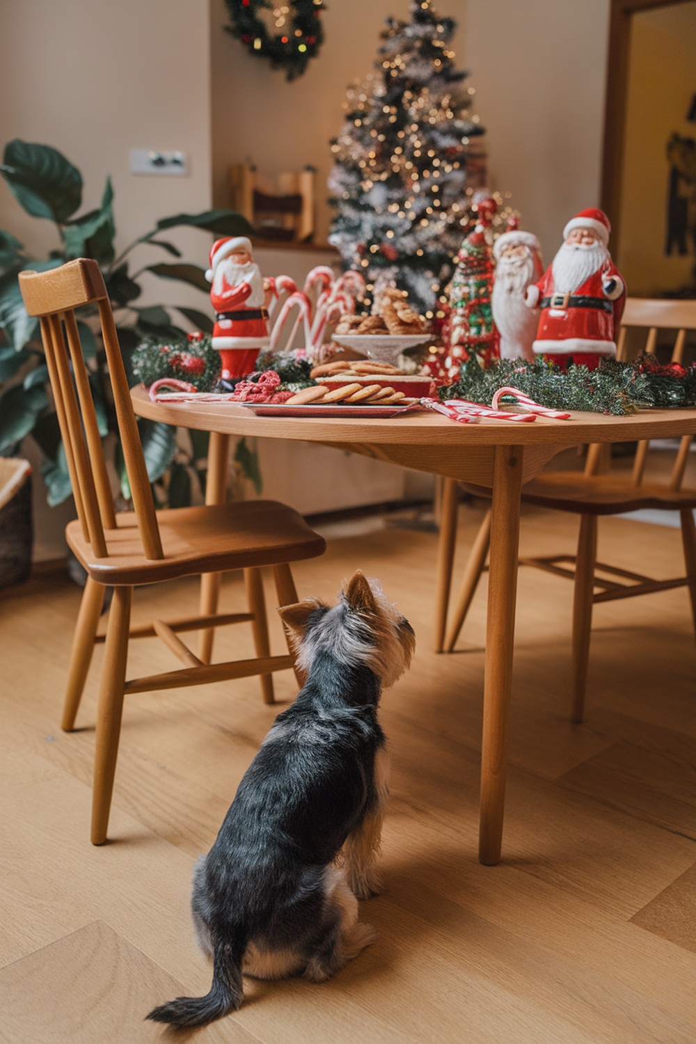 A Yorkie Terrier sitting in front of a table decorated with holiday treats and decorations.