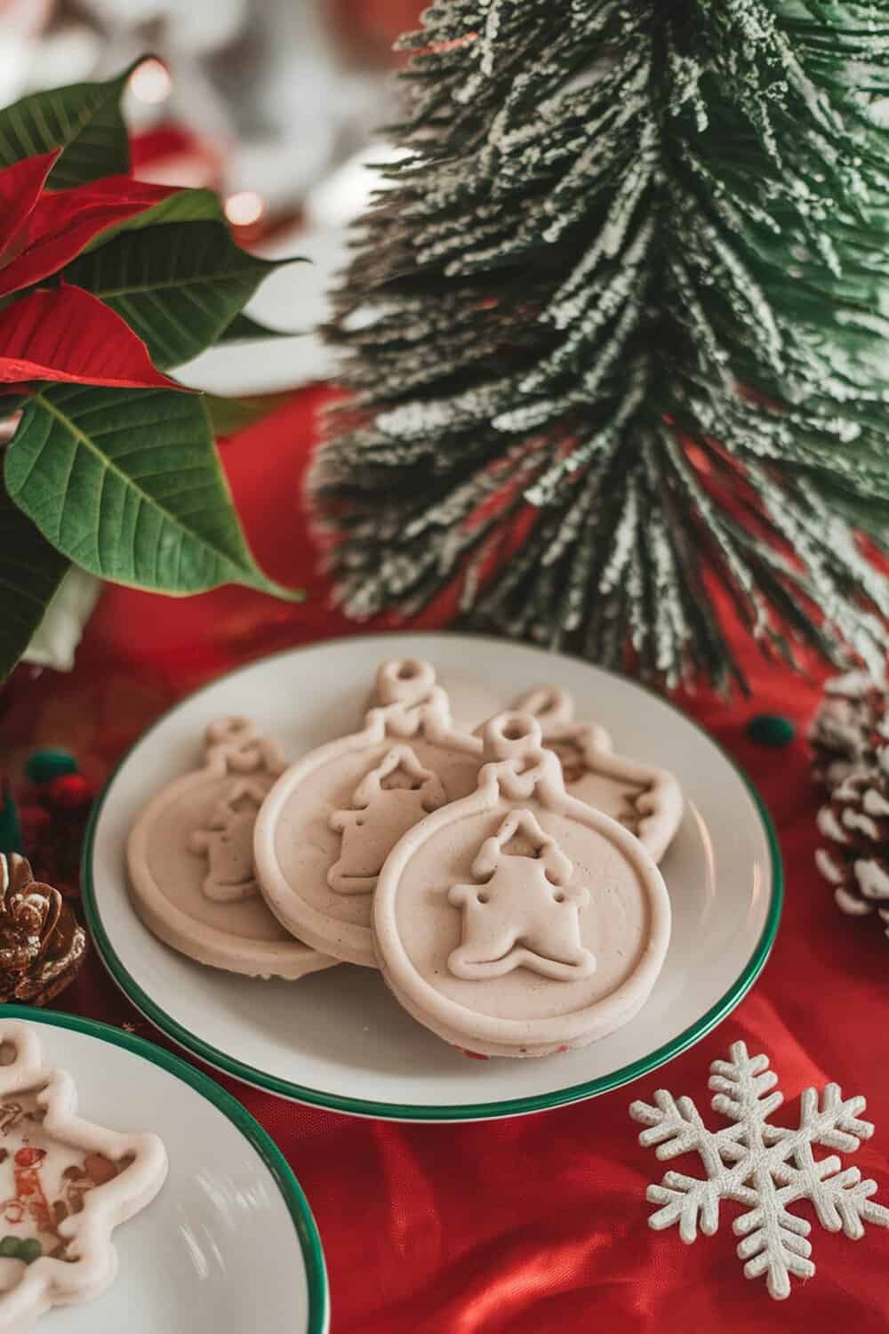 Plate of eggnog flavored dog treats shaped like Christmas ornaments