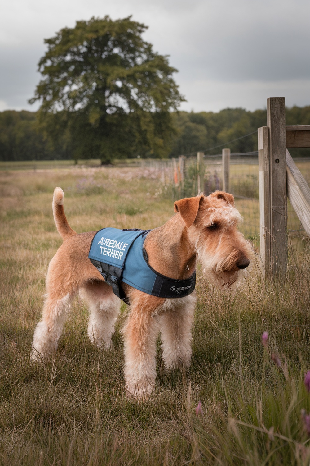 Airedale Terrier standing in a field wearing a harness.
