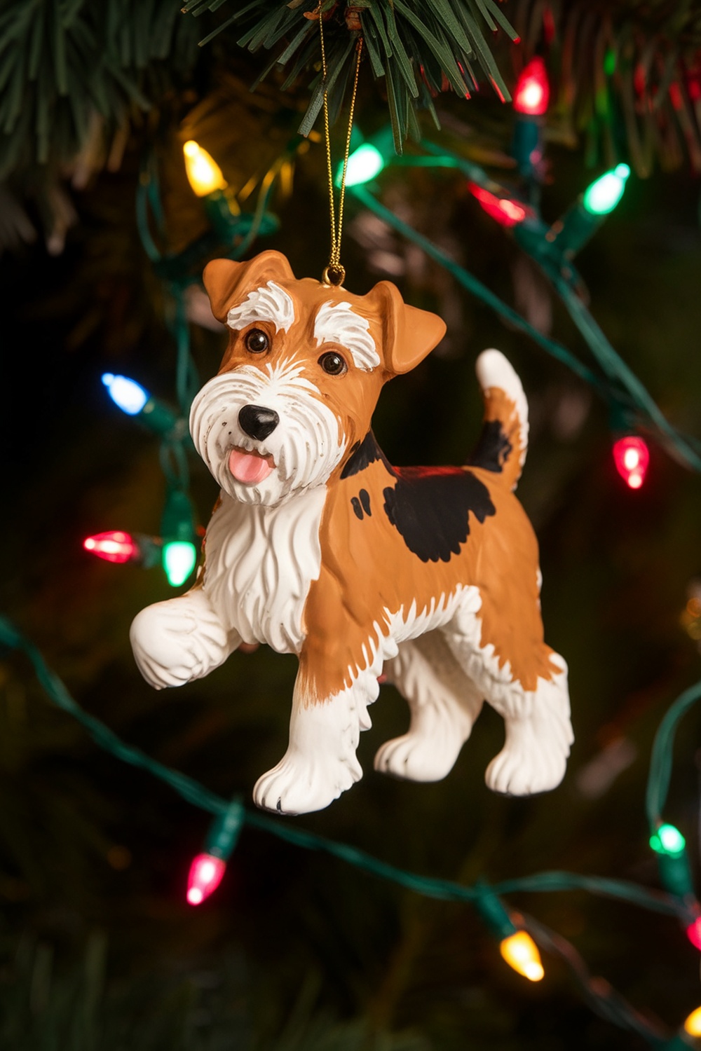 Patterdale Terrier Christmas ornament hanging on a tree with colorful lights