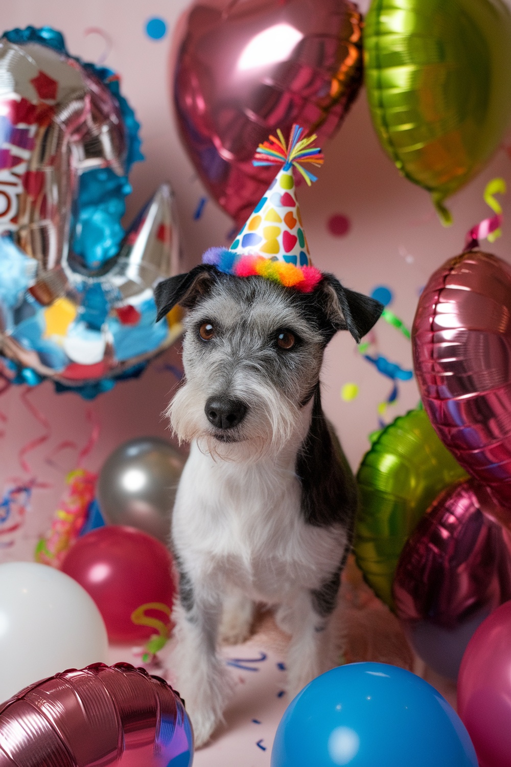 A terrier wearing a colorful party hat, surrounded by balloons and festive decorations.