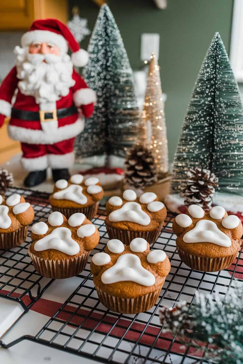 Pumpkin spice dog muffins decorated with paw prints, surrounded by festive decorations.
