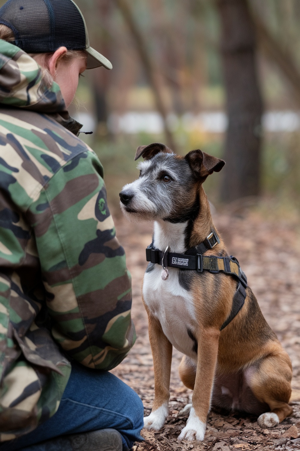 A person training a Border Terrier in a natural setting.