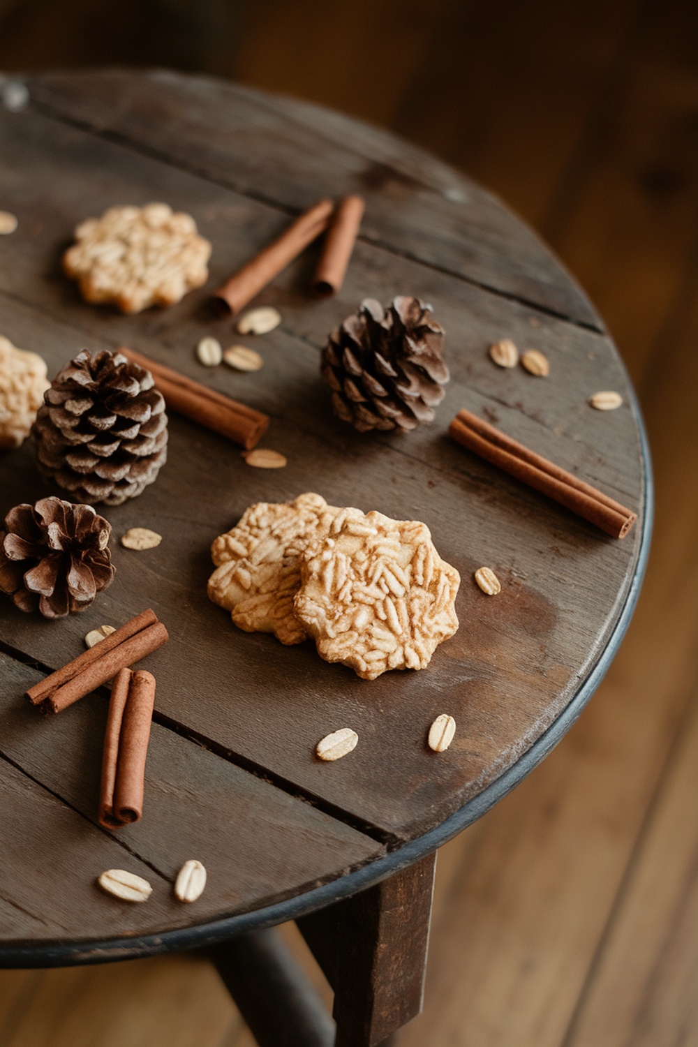 Honey and oat cookies with pinecones and cinnamon sticks on a wooden table.