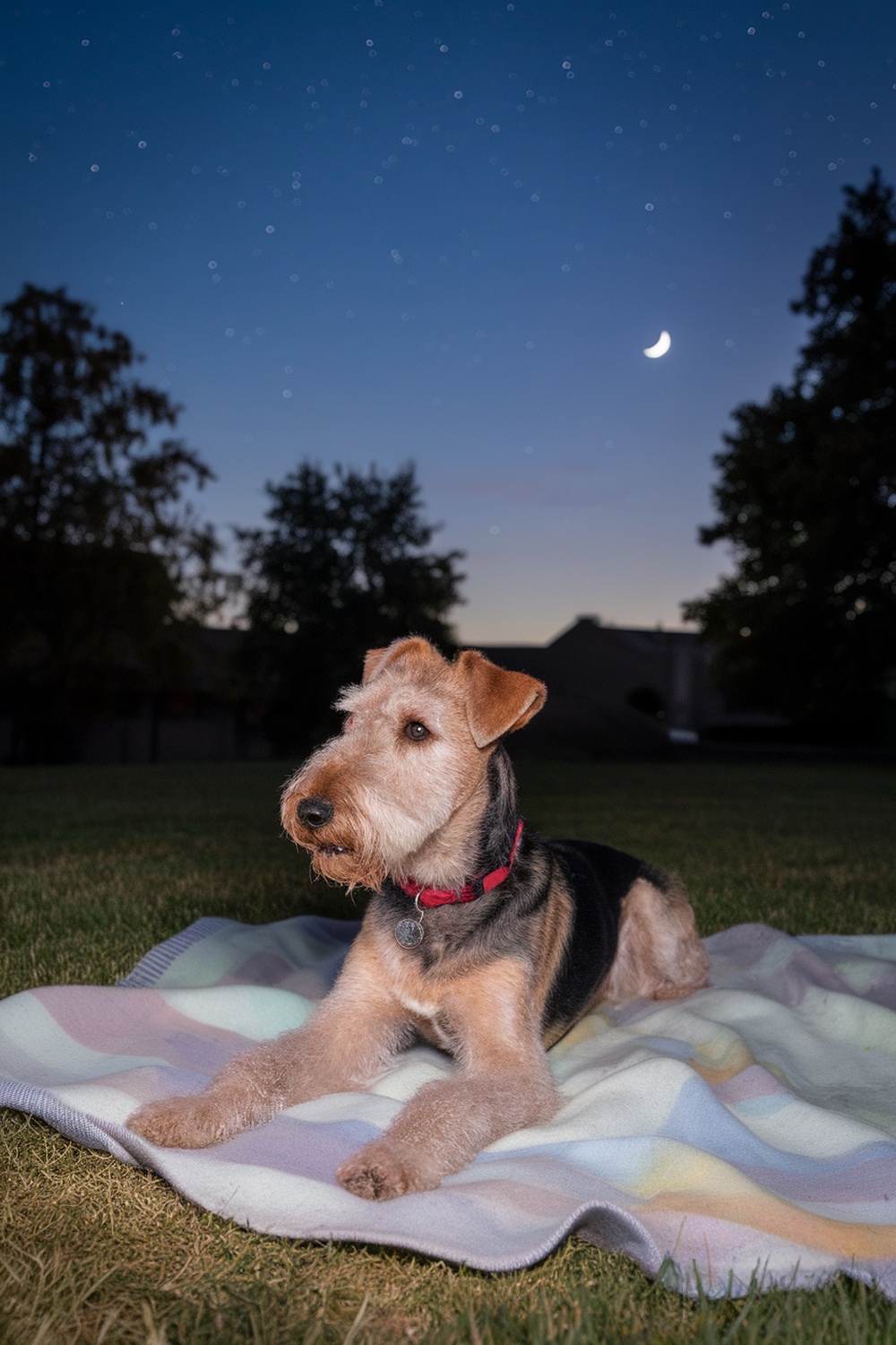 Airedale Terrier lying on a blanket under a starry sky with a crescent moon.