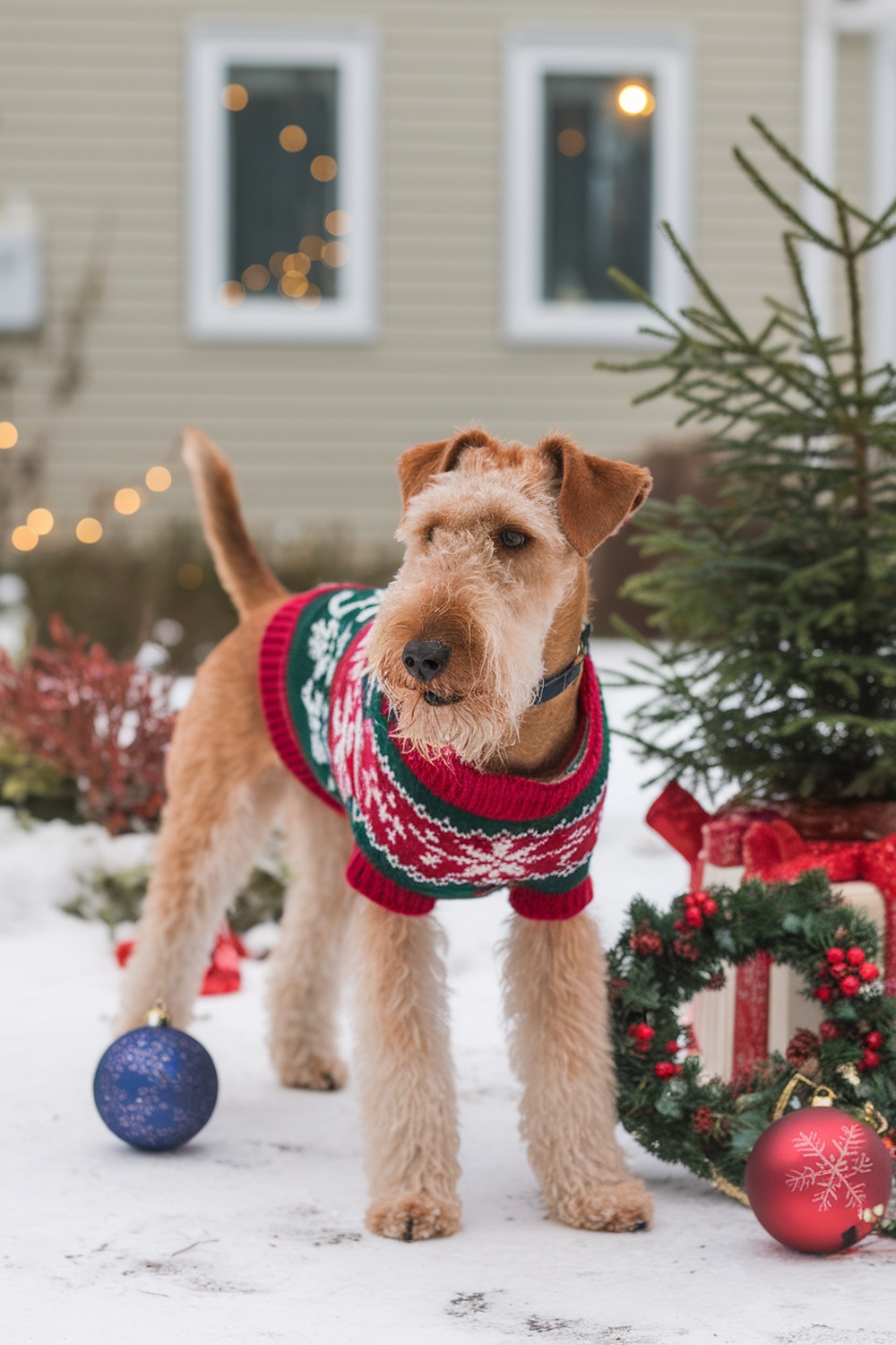 Airedale Terrier wearing a holiday sweater standing in snow with decorations