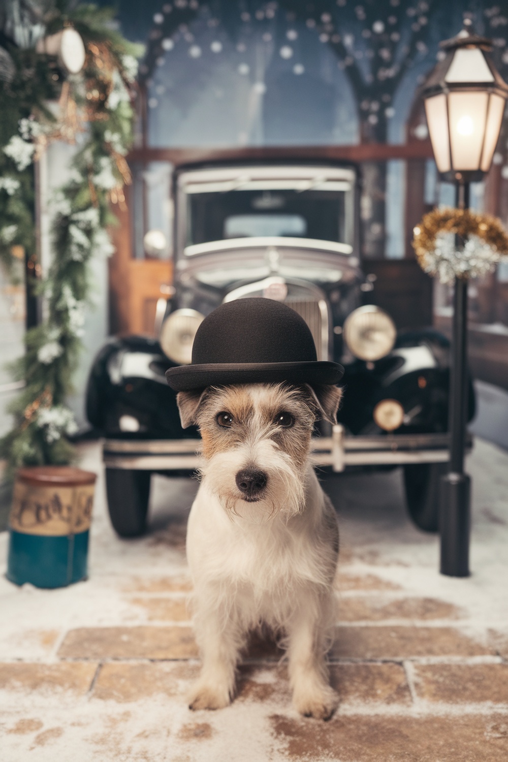 A terrier dog wearing a cute bowler hat, standing in front of a vintage car with festive decorations.