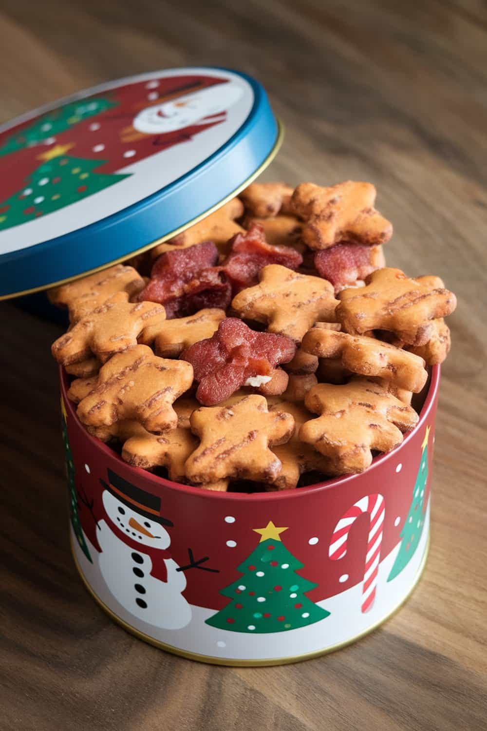 A tin filled with star-shaped cheddar and bacon dog cookies, decorated with festive holiday designs.