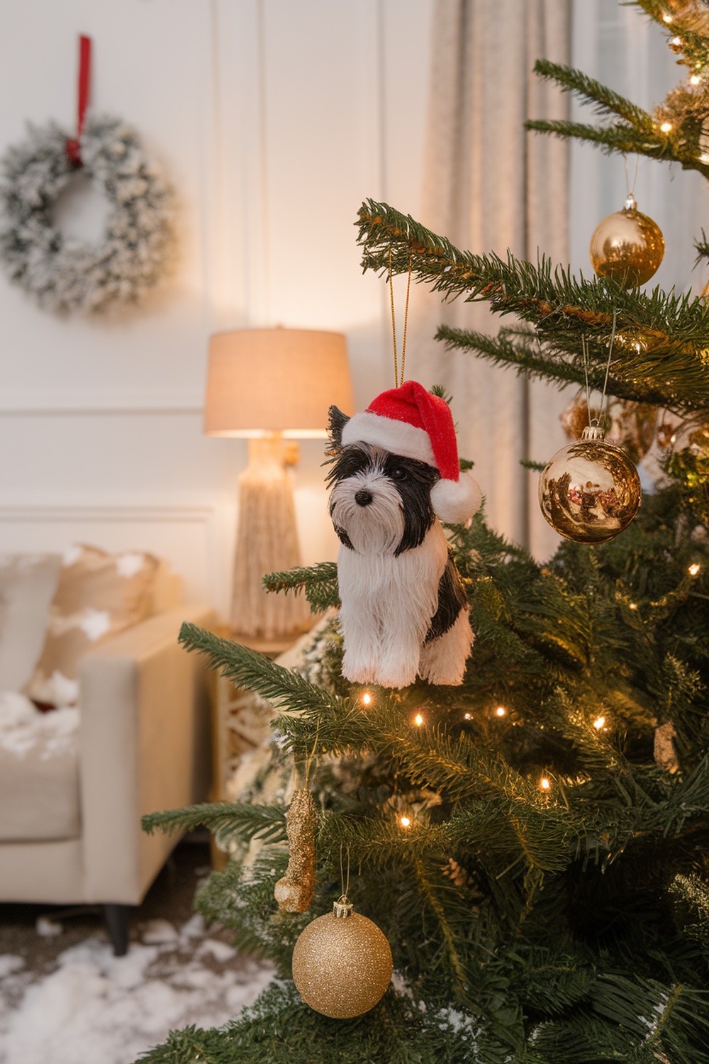 Cairn Terrier ornament wearing a Santa hat hanging on a Christmas tree