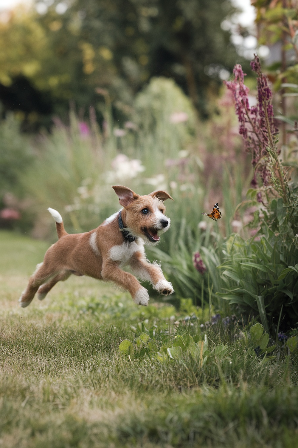 A playful Border Terrier puppy jumping in a garden, chasing a butterfly.