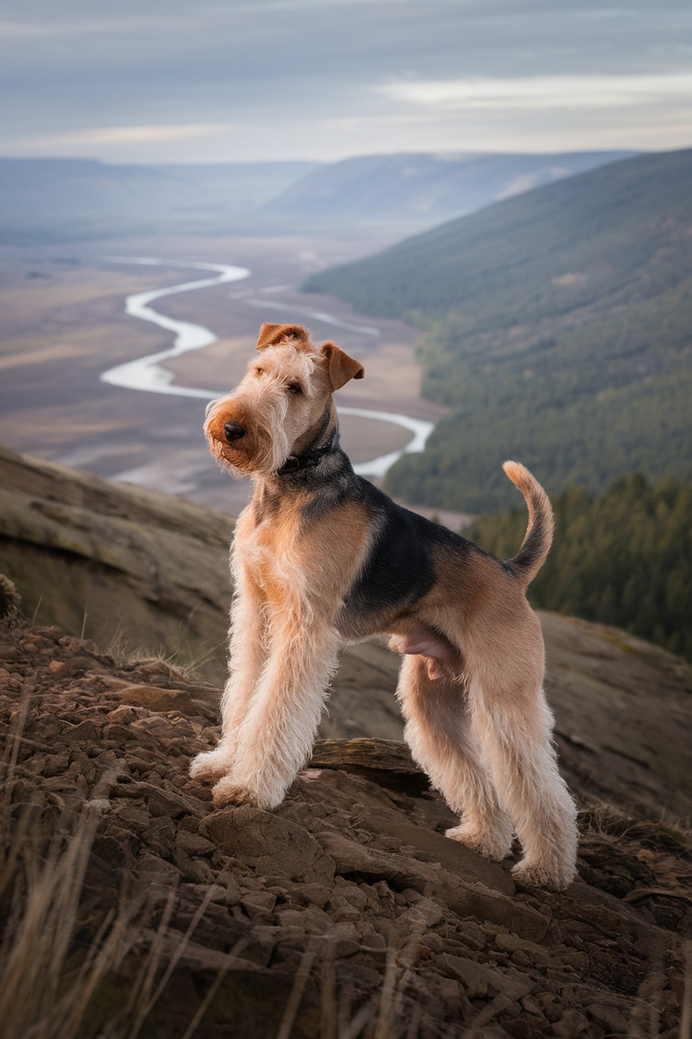 Airedale Terrier standing on a rocky ledge with a scenic river and mountains in the background.