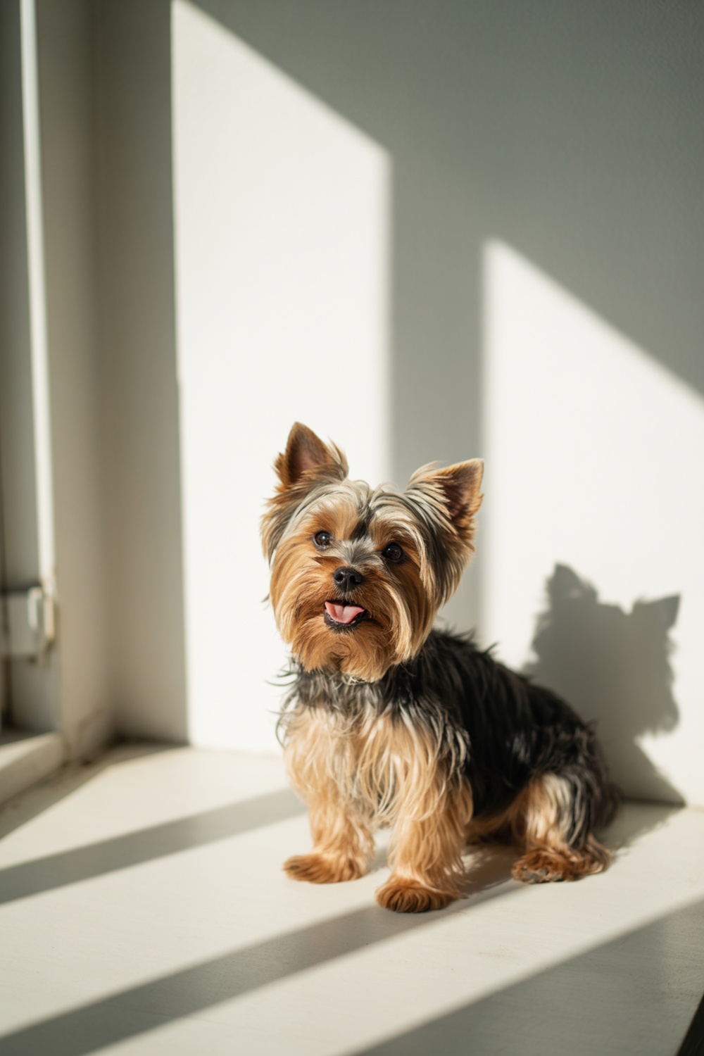 A Yorkshire Terrier sitting in a sunbeam, looking happy and relaxed.