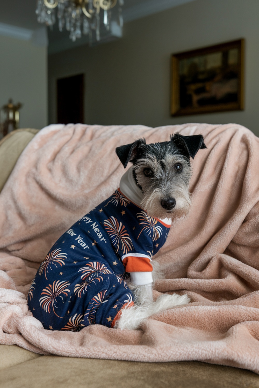A terrier wearing a festive New Year's pajama, sitting on a soft blanket.