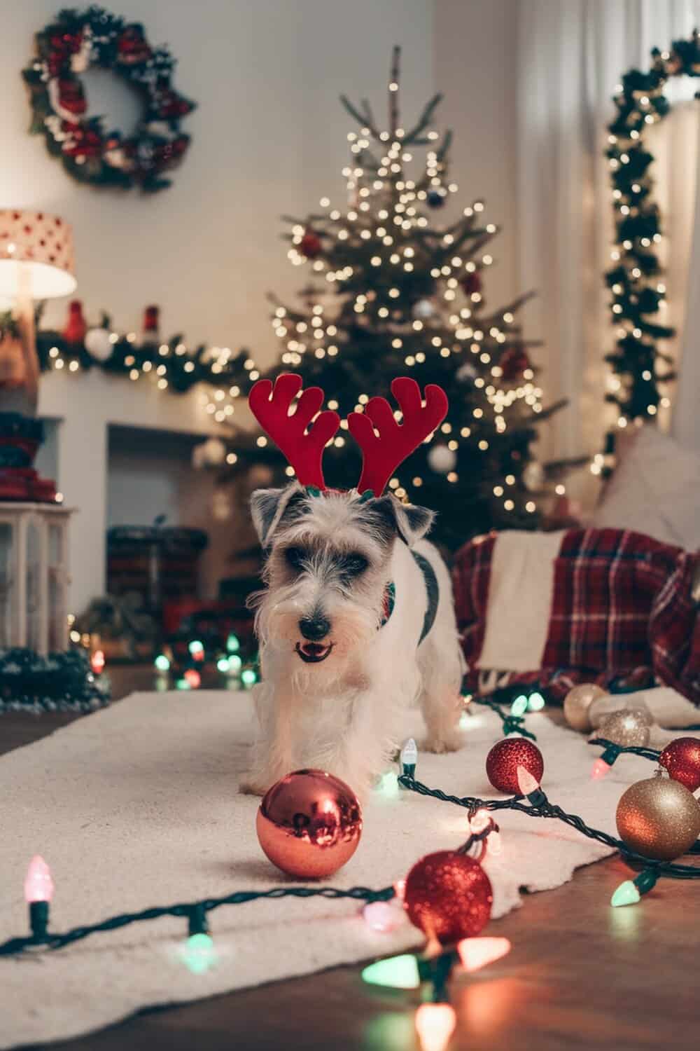 A terrier dog wearing reindeer antlers in a decorated room with Christmas lights and ornaments.