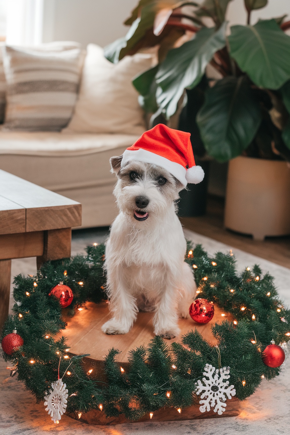 A terrier dog wearing a red Christmas hat, sitting on a wooden platform surrounded by festive decorations.