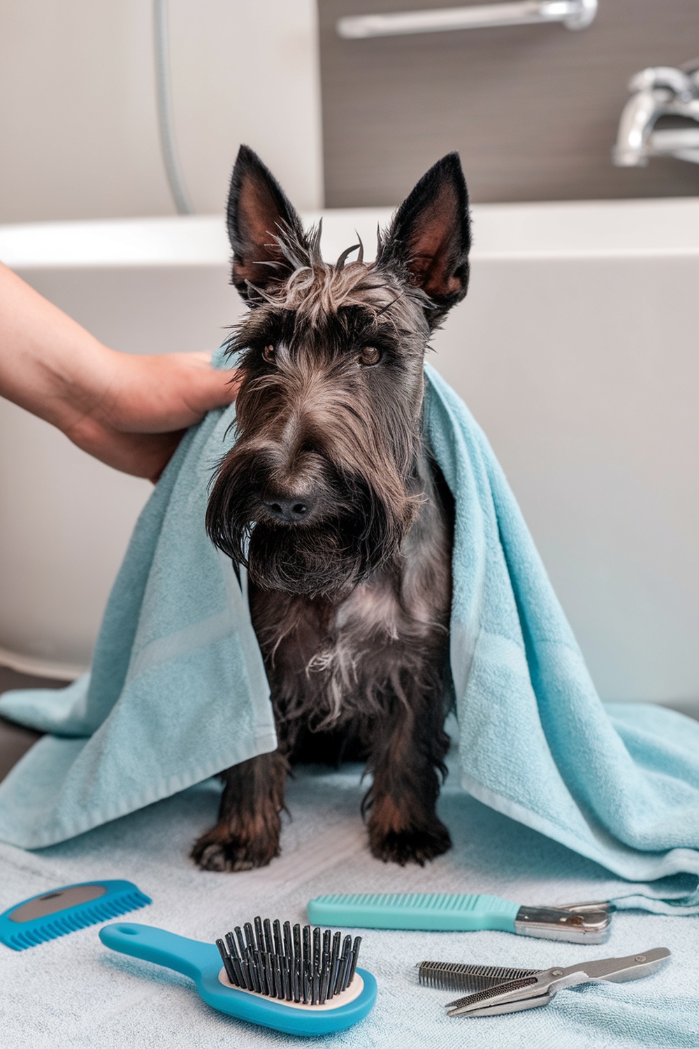 A Scottish Terrier wrapped in a towel after a bath, with grooming tools nearby.