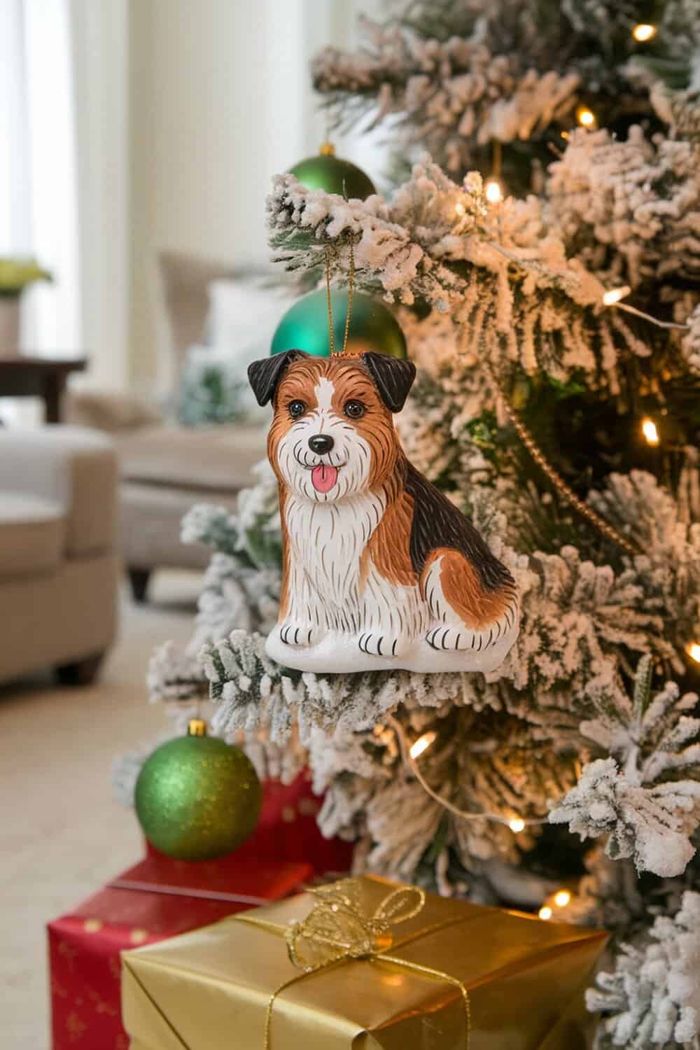 A Border Terrier Christmas ornament hanging on a snowy tree branch.