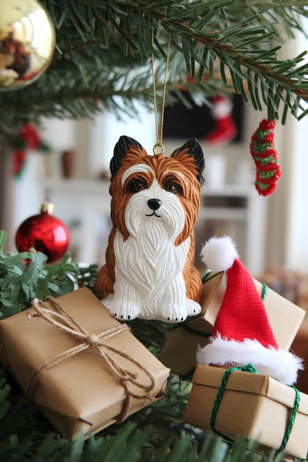 Cairn Terrier ornament hanging on a Christmas tree with gift boxes